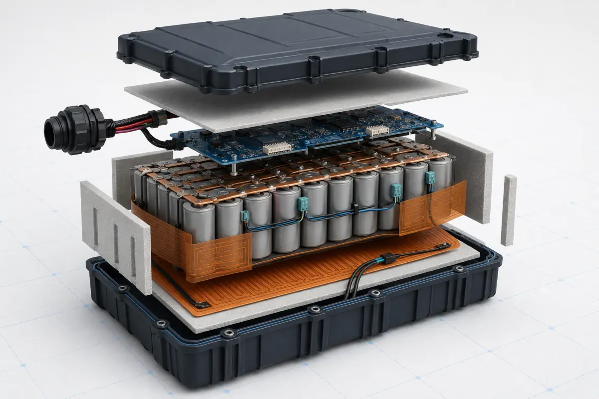 Low-temperature battery pack with BMS temperature sensors insulation and heater film