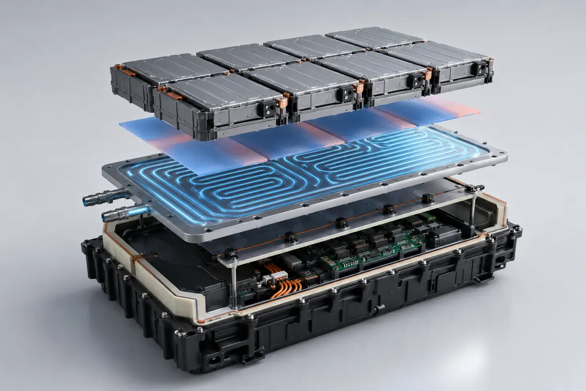 High-voltage battery thermal management system with liquid cooling plates and modular battery modules